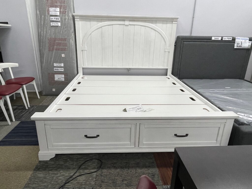 King size bed frame. White painted wood with headboard and 2 drawers on end