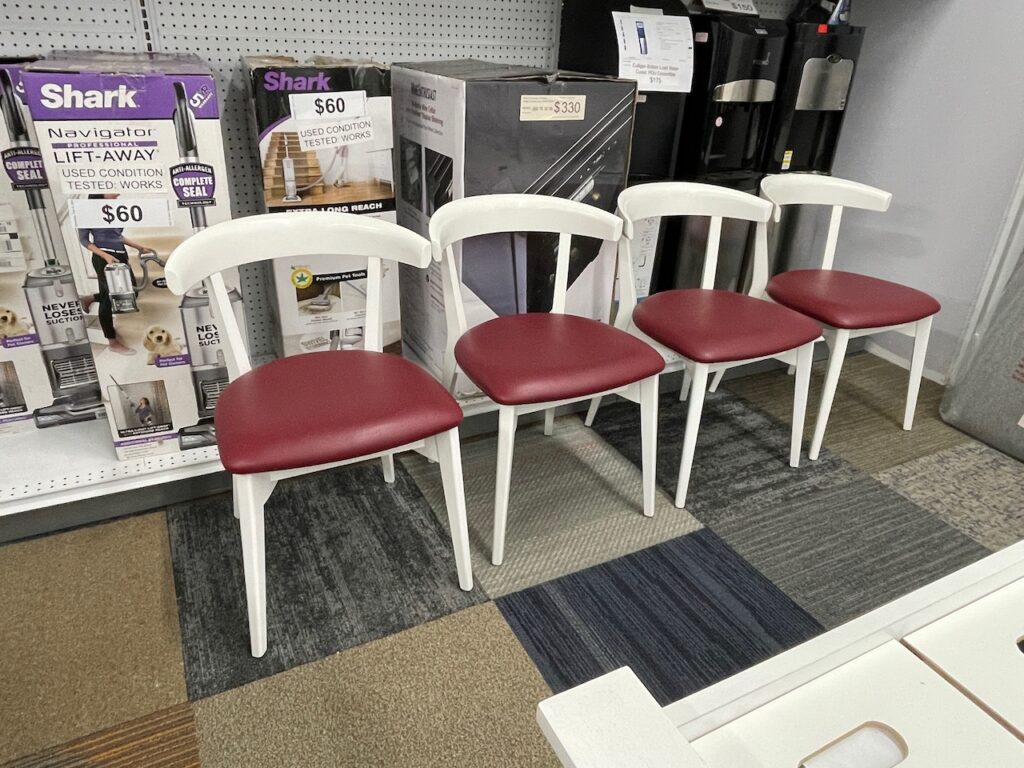 Set of 4 chairs. White with red cushion seat
